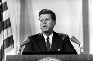 U.S. President John F. Kennedy reports to the nation on the status of the Cuban crisis from Washington, D.C. on Nov. 2, 1962. He told radio and television listeners that Soviet missile bases "are being destroyed" and that U.S. air surveillance would continue until effective international inspection is arranged. U.S. government conclusions about the missile bases, he said, are based on aerial photographs made Nov. 1. (AP Photo)